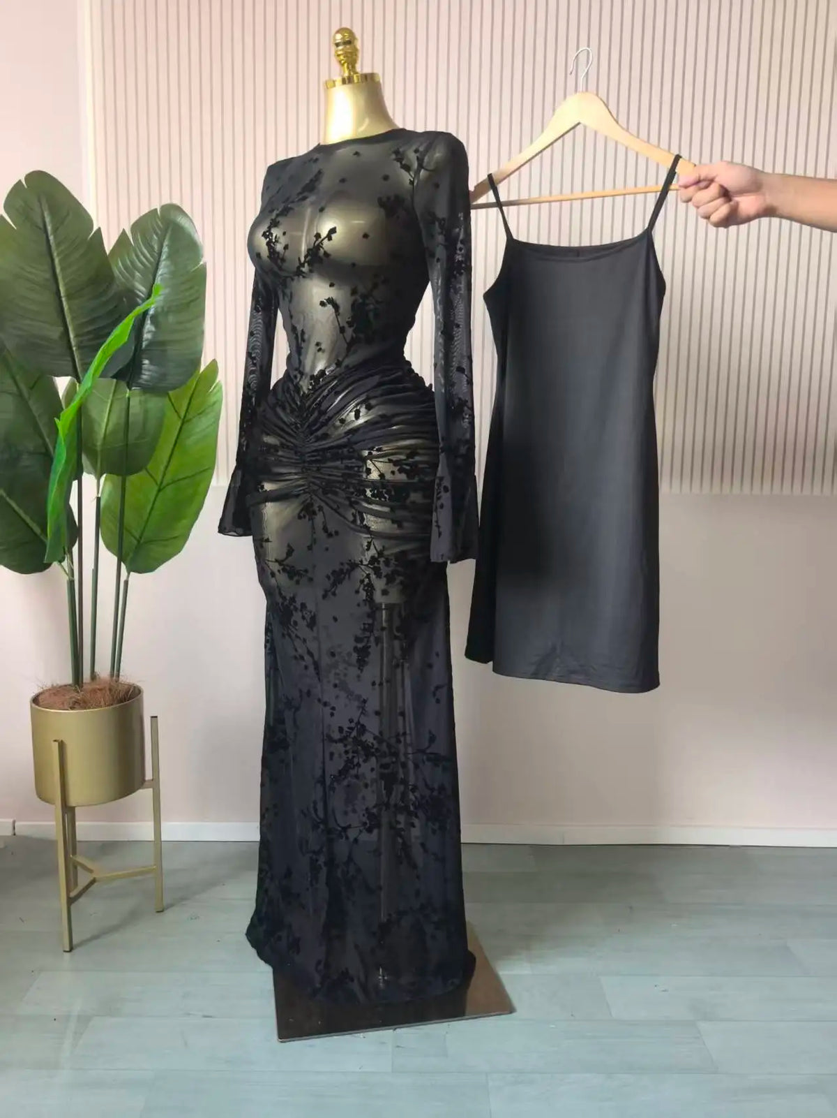 CM.YAYA Women Long Sleeve Ruched Mesh See Though with Lining Bodycon Long Dress 2025 Fall Evening Birthday Sexy Party Dresses