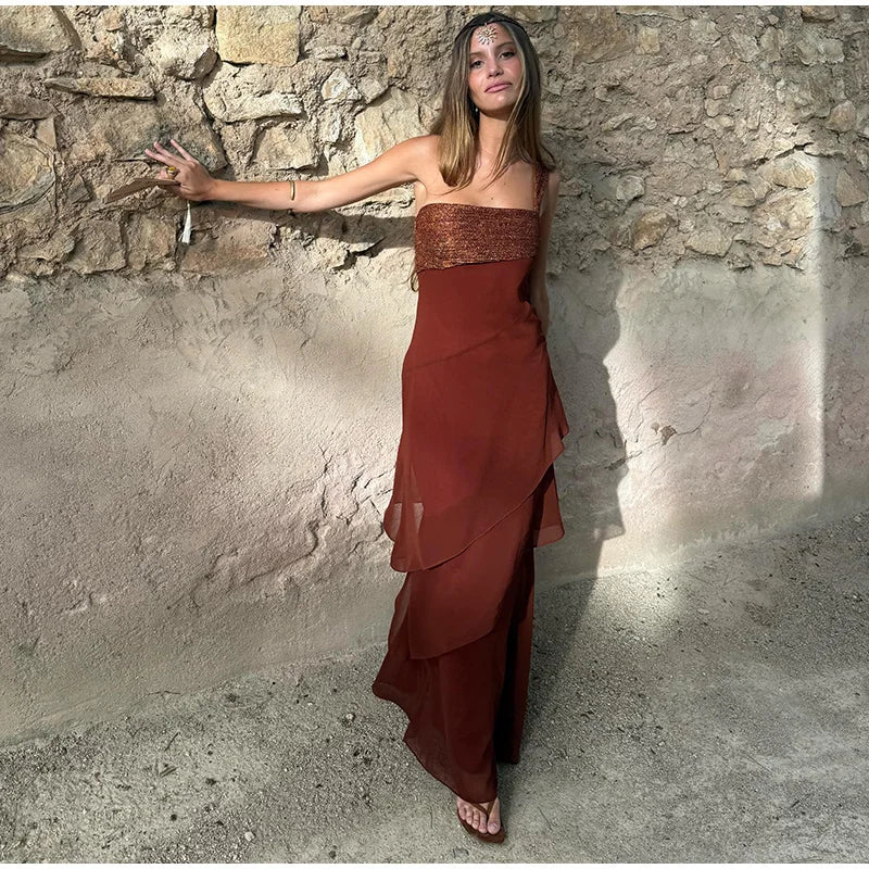 Elegant Patchwork Women's Dress Sleeveless Cascading Ruffle Skew-Collar Lady Long Dresses 2026 Summer Chic Female Vacation Robe