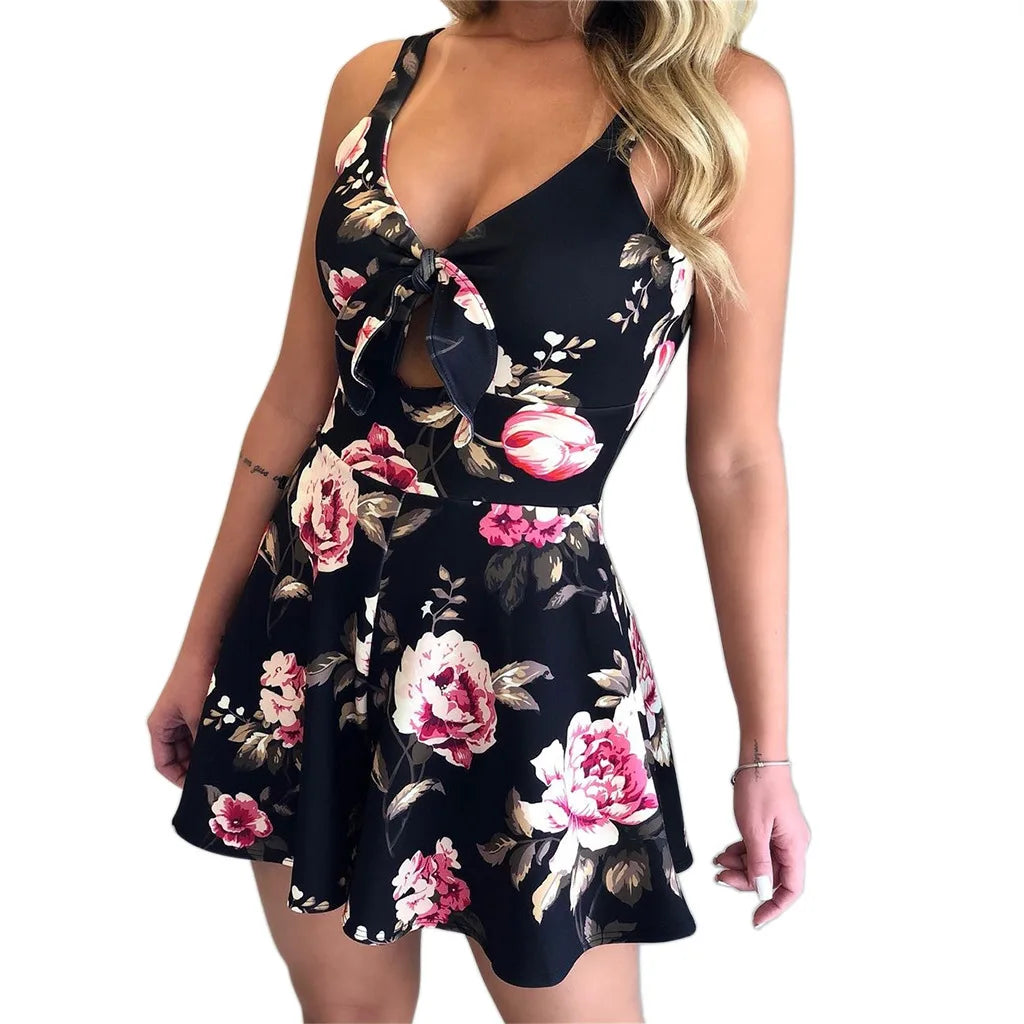 Sexy Spaghetti Strap Flower Print Jumpsuit Women Fashion Bowknot Leace-up Backless Slim Short Jumpsuits Female Trendy Streetwear