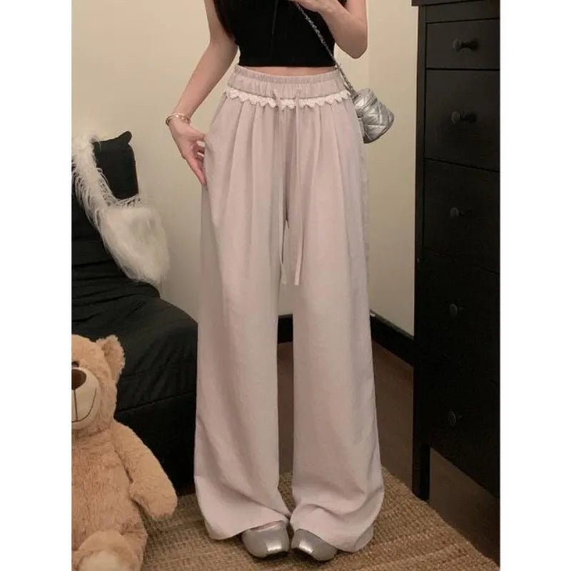 Women Lace Trim Wide Leg Pants Elastic Drawstring Waist Loose Casual Trousers Multiple Colors