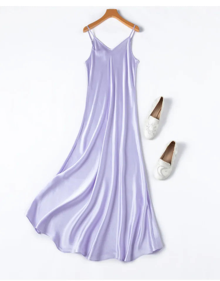 Tcyeek Woman Long Dress, 100%Real Silk, V Neck, Solid Spaghetti Strap Dresses, 2025 Elegant Chic Clothes