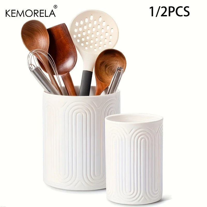 Ceramic Utensil Holder Organizer - Kitchen Countertop Storage Jar for Forks Spoons Knives, White Porcelain Canister, 1/2-Piece