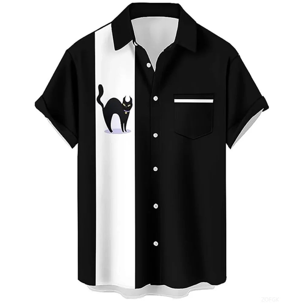 Cat Cartoon Print Shirt] Plus Size 3D Digital Print Cartoon Fun Men's Short Sleeve Button Shirt Fashion Hawaiian Vacation Shirt