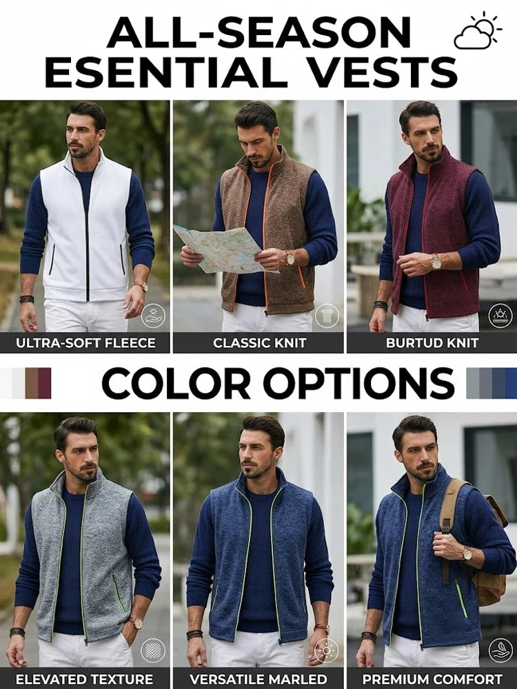 Autumn Men's Stand Collar Vest Zip Casual Knitted Sweatshirts Sleeveless Jacket Winter Warm Outerwear with Pockets Streetwear