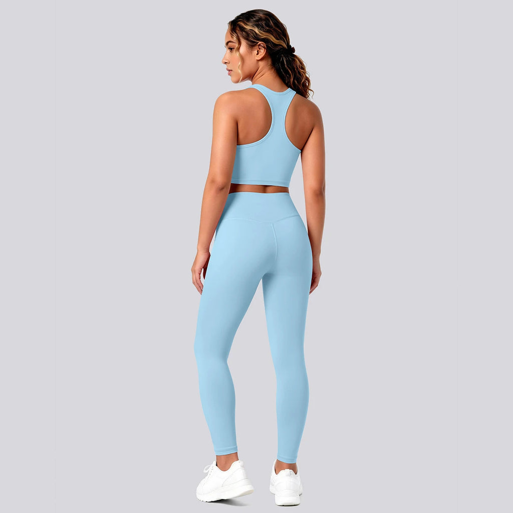 2PCS Solid Color Yoga Set for Woman's Gather Beautiful Back I-shaped Vest Shock-absorbing Running Yoga Tank Top Push Up Pants