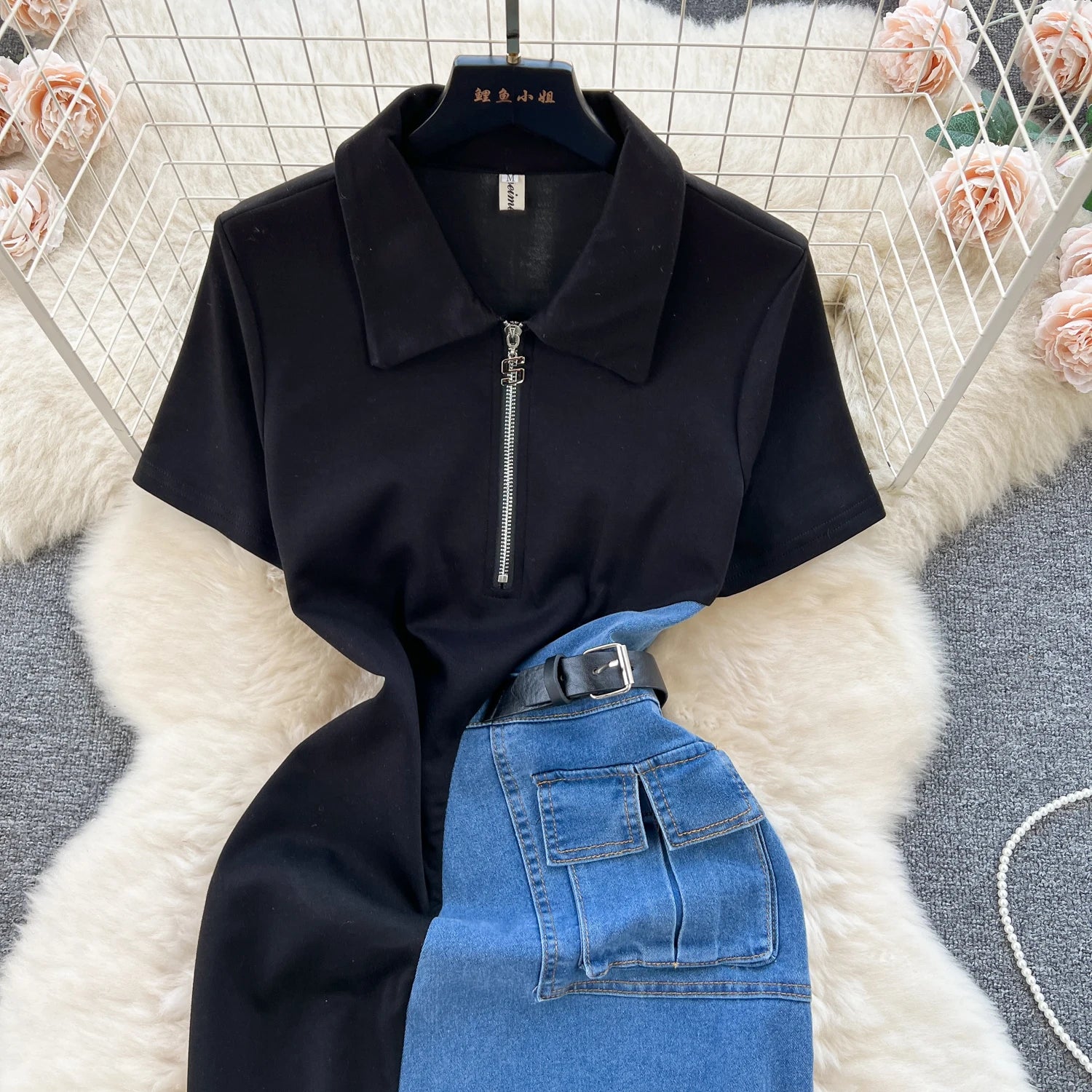 Women Design Contrast Color Splicing Denim Slim Mid-length Short-sleeved Temperament Youth Woman Summer Dress