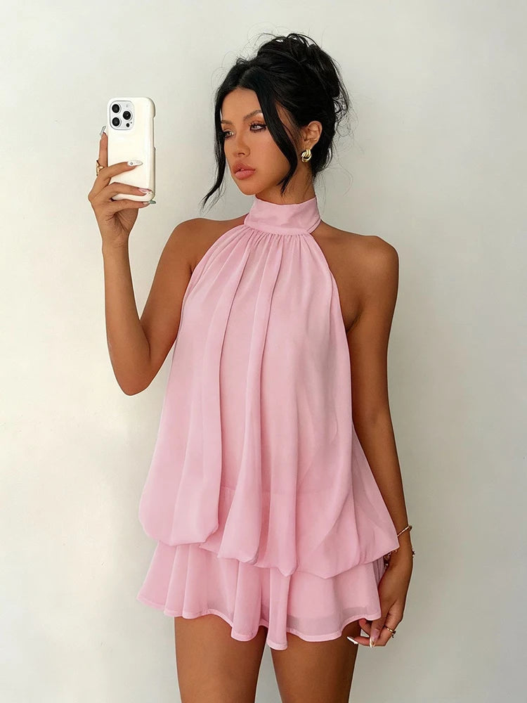 Women Halter Neck Backless Tie Mini Dress Summer Sleeveless Chiffon Ruffle Short Dresses Sexy Club Party Beach Vacation Outfit