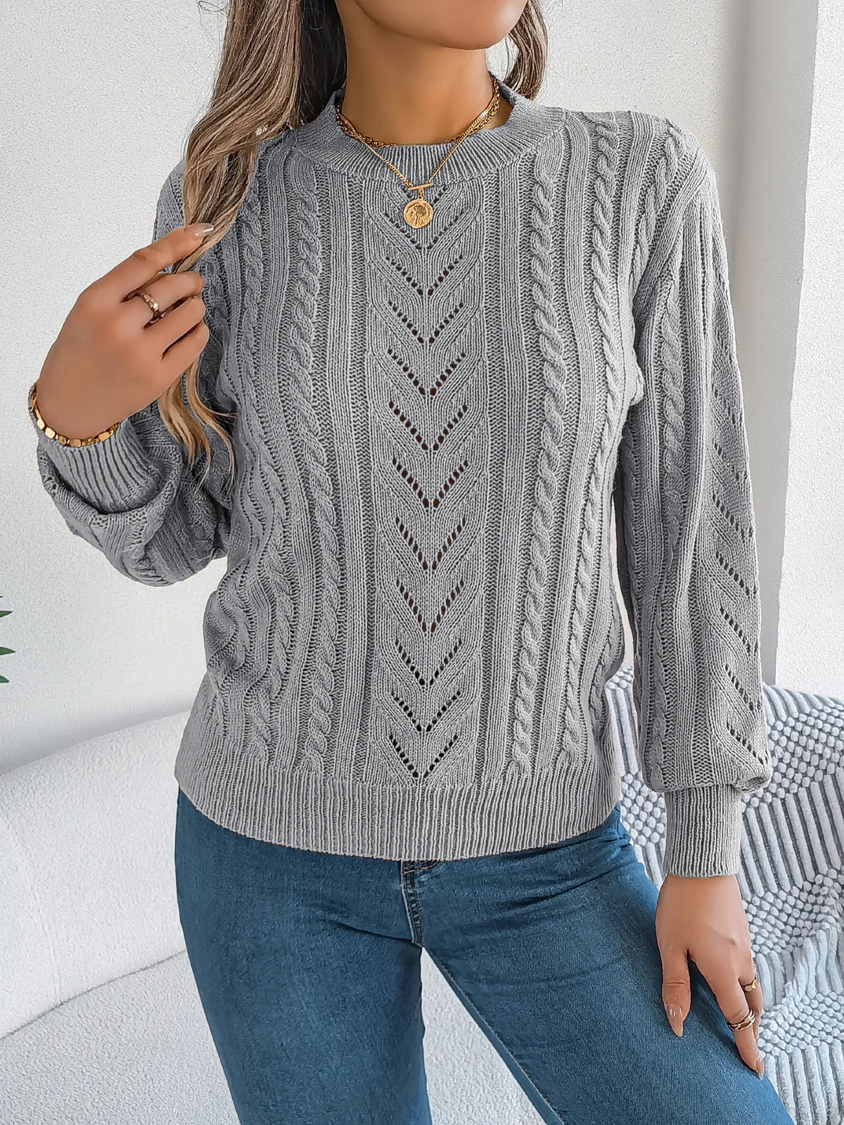 Women Solid Openwork Knit Pullover Round Neck Long Sleeve Cozy Fall Winter Resort Ready Sweater Top