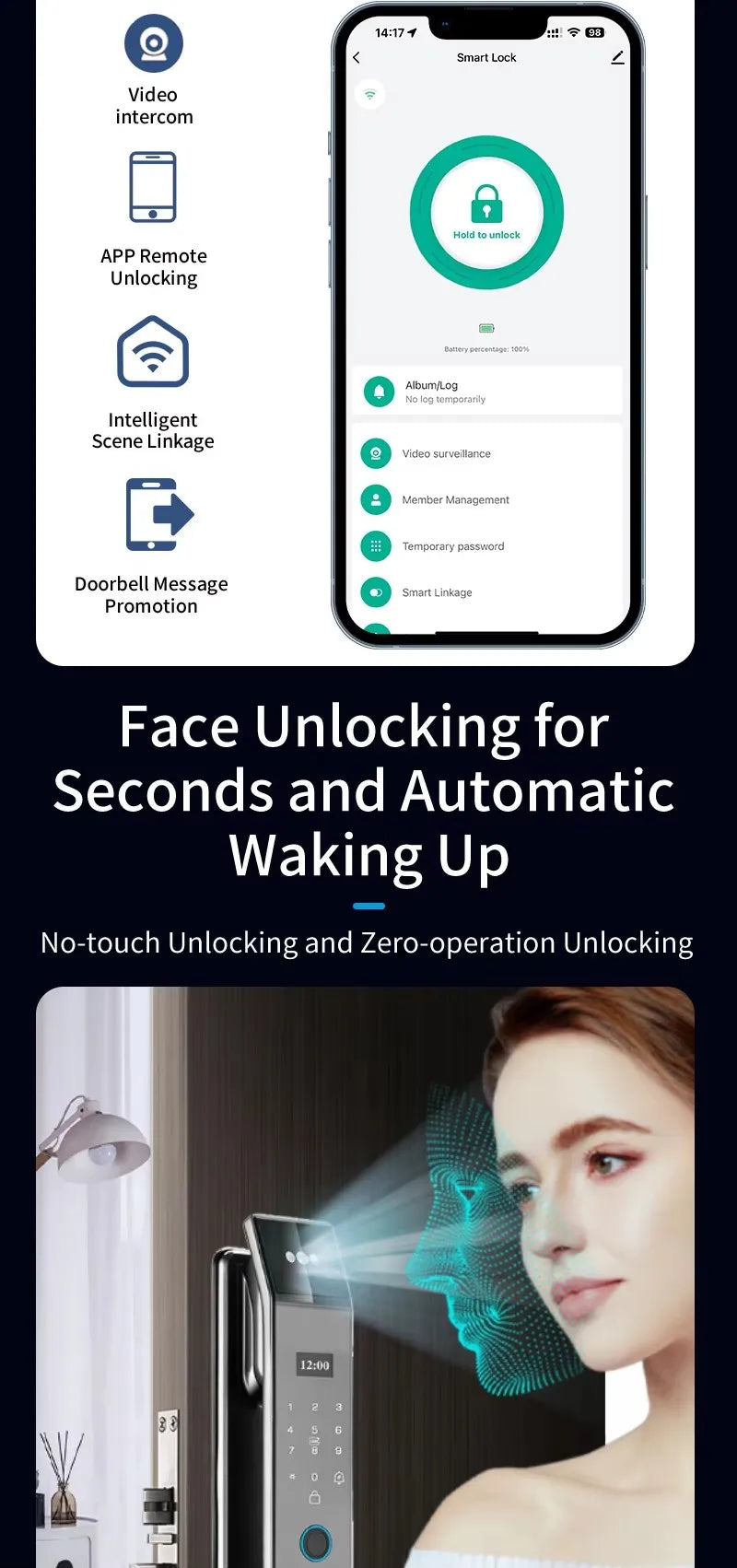 3D Face Recognition Palm Vein Recognition Tuya Automatic Lock With Camera Biometric Fingerprint Password Security Digital Lock