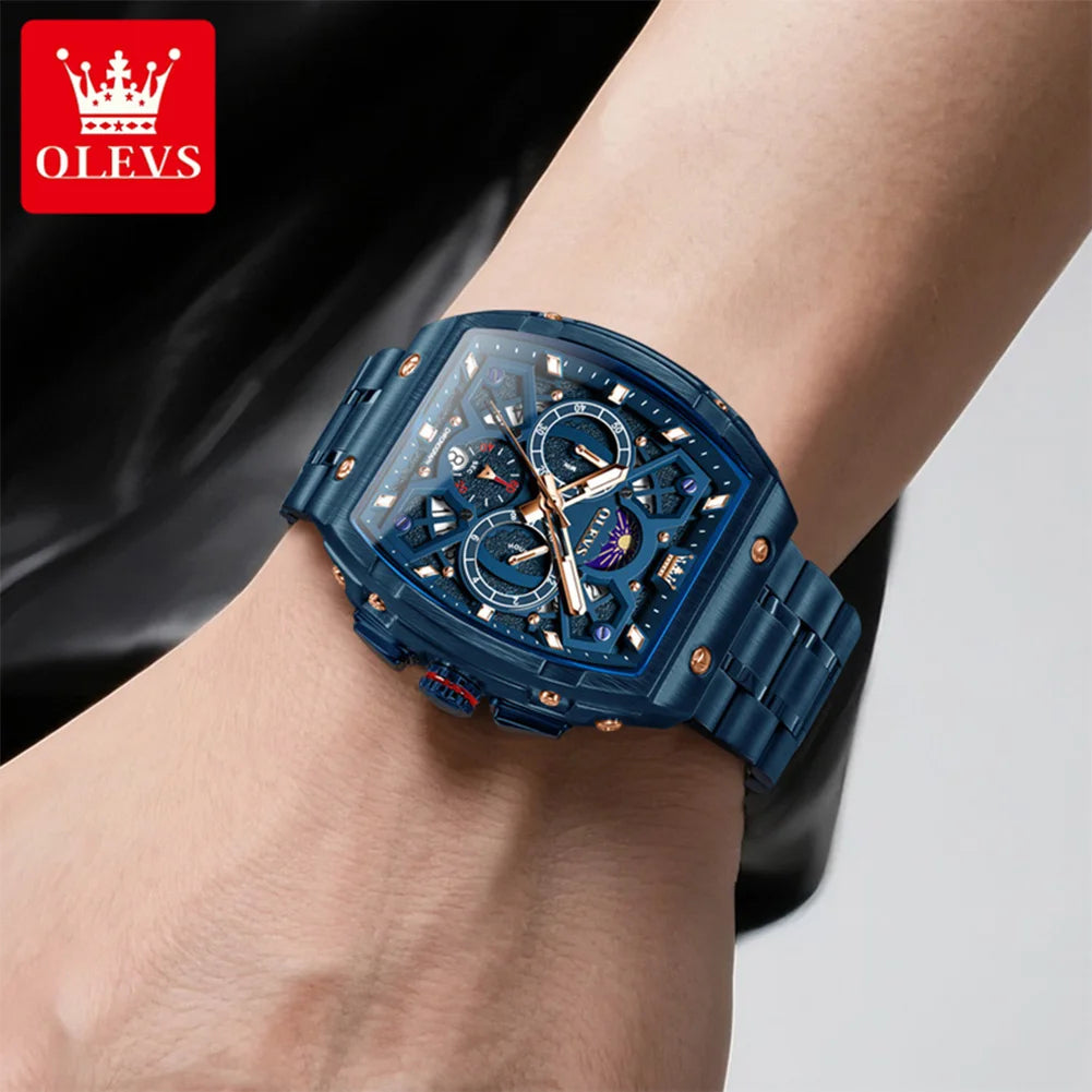OLEVS 2942 New Mens Watch Tonneau Quartz Watch Stainless Steel Waterproof Sports Moon Phase Date Watches For Man Original Reloj