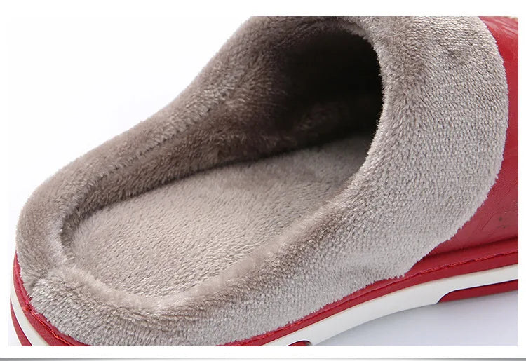 Big Size 50-51 Men Slippers Winter PU Leather Warm Indoor Waterproof Home Furry Flats Couples Slides Bedroom Non Slip Shoes