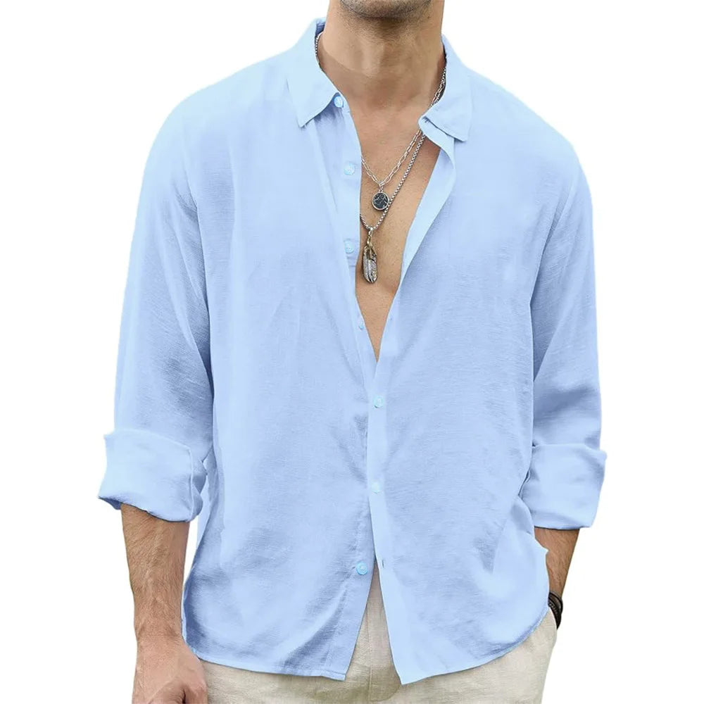 Men Beach Shirts Cotton Linen Shirts Men's Causal Loose Solid Color Long Sleeves Men's Autumn Hawaiian Streetwear