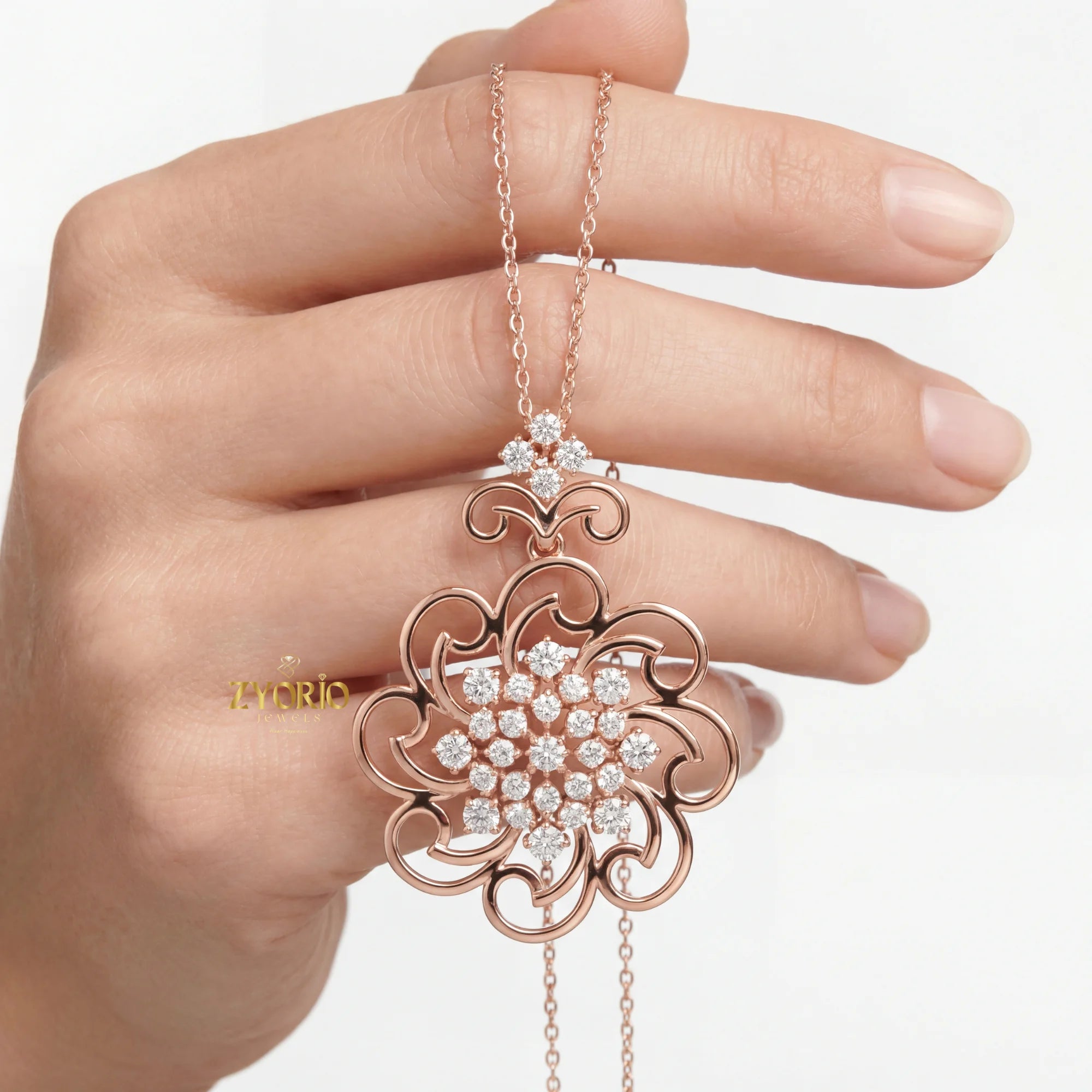 Rose Gold Floral Lab Grown Diamond Pendant Sterling Silver Elegant Sustainable Modern Luxury Women's Jewelry