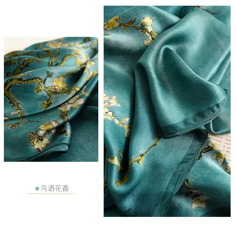 Birdtree, 9MM 100%Real Silk Scarf Shawl, Thin Plum Bossom Summer Beach Shawls Scarfs, Fall Winter Neck Head P36714QM