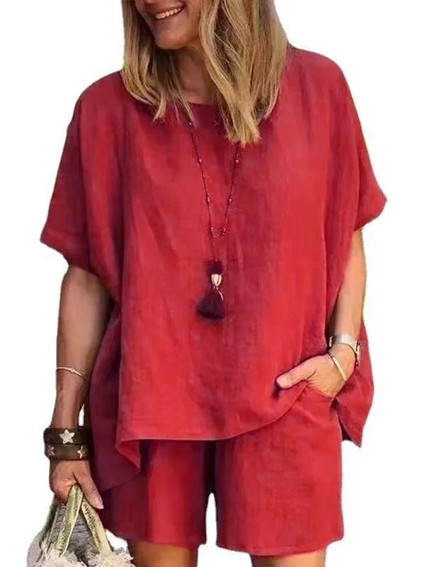 Ladies Shorts Suit Fashionable Summer Women's Elegant Solid Color Pullover Loose Cotton Linen Short Sleeved Shorts Two-piece Set