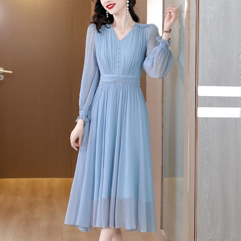 Blue Silk Long-Sleeved Dress For Spring Women's 2023 New High-Mulberry Silk Mesh Stitching Shows Thin And Long Skirt