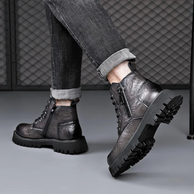 2025 autumn and winter boots men's British style versatile high top leather shoes workwear snow leather boots men's short boots