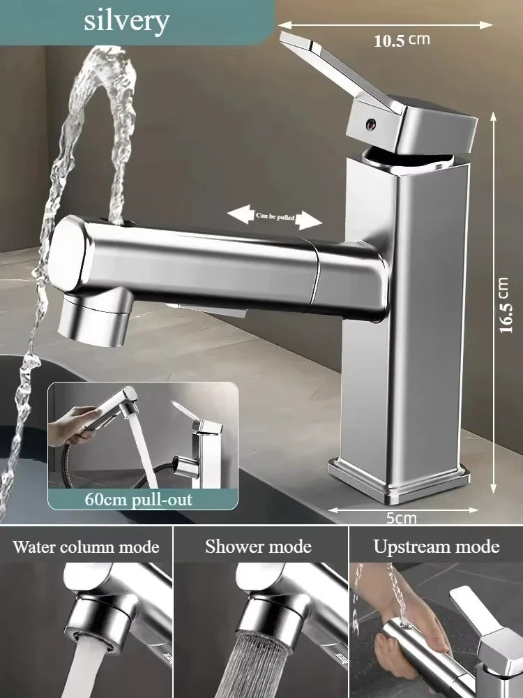 Pull Out Bathroom Faucet Hot and Cold Water Mixer Basin Sink Three Mode Water Outlet Faucet Washbasin Tap