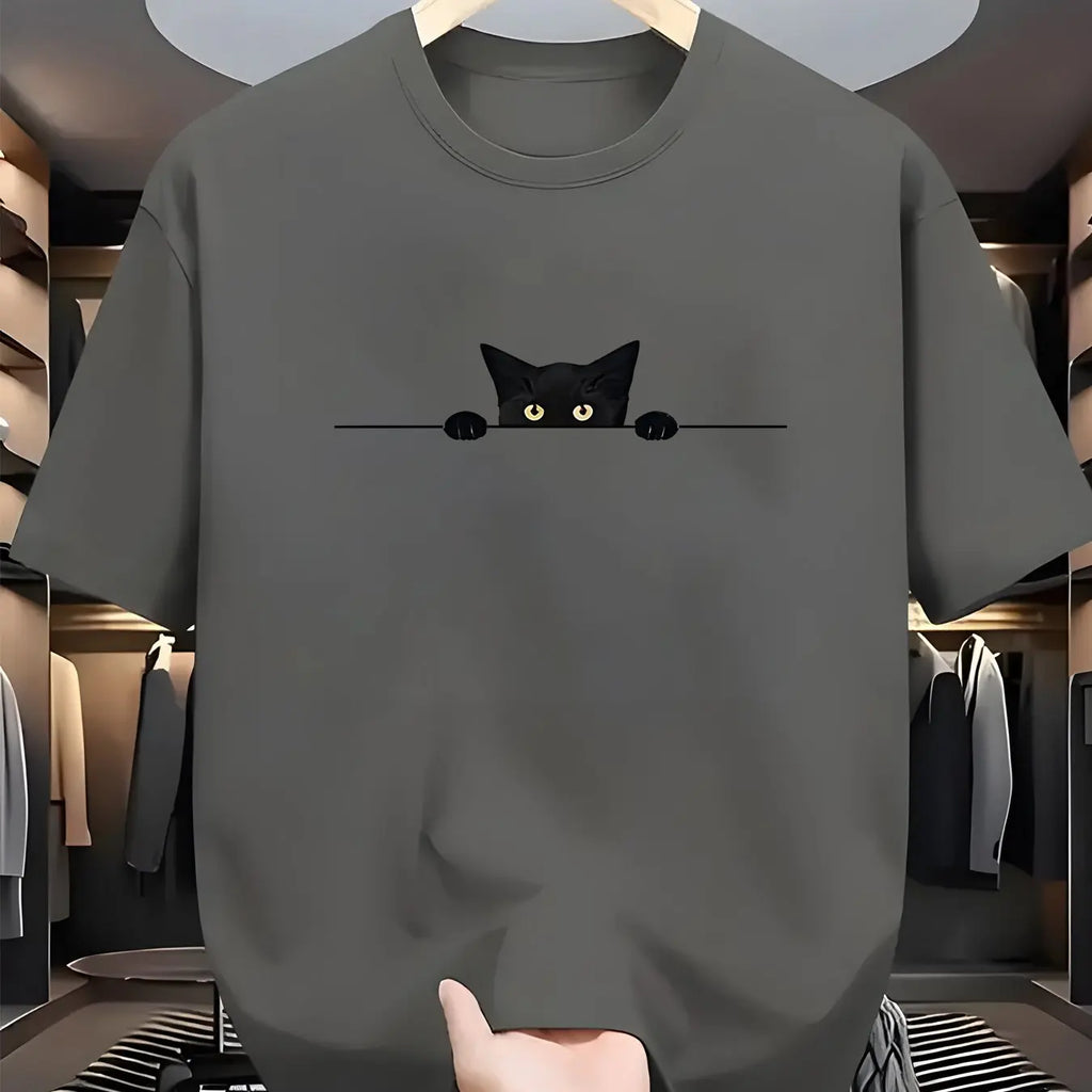 Men's Summer 100% Cotton Fashionable Casual Loose Large Cute Cat Pattern Printed Round Neck Short Sleeve T-shirt Top