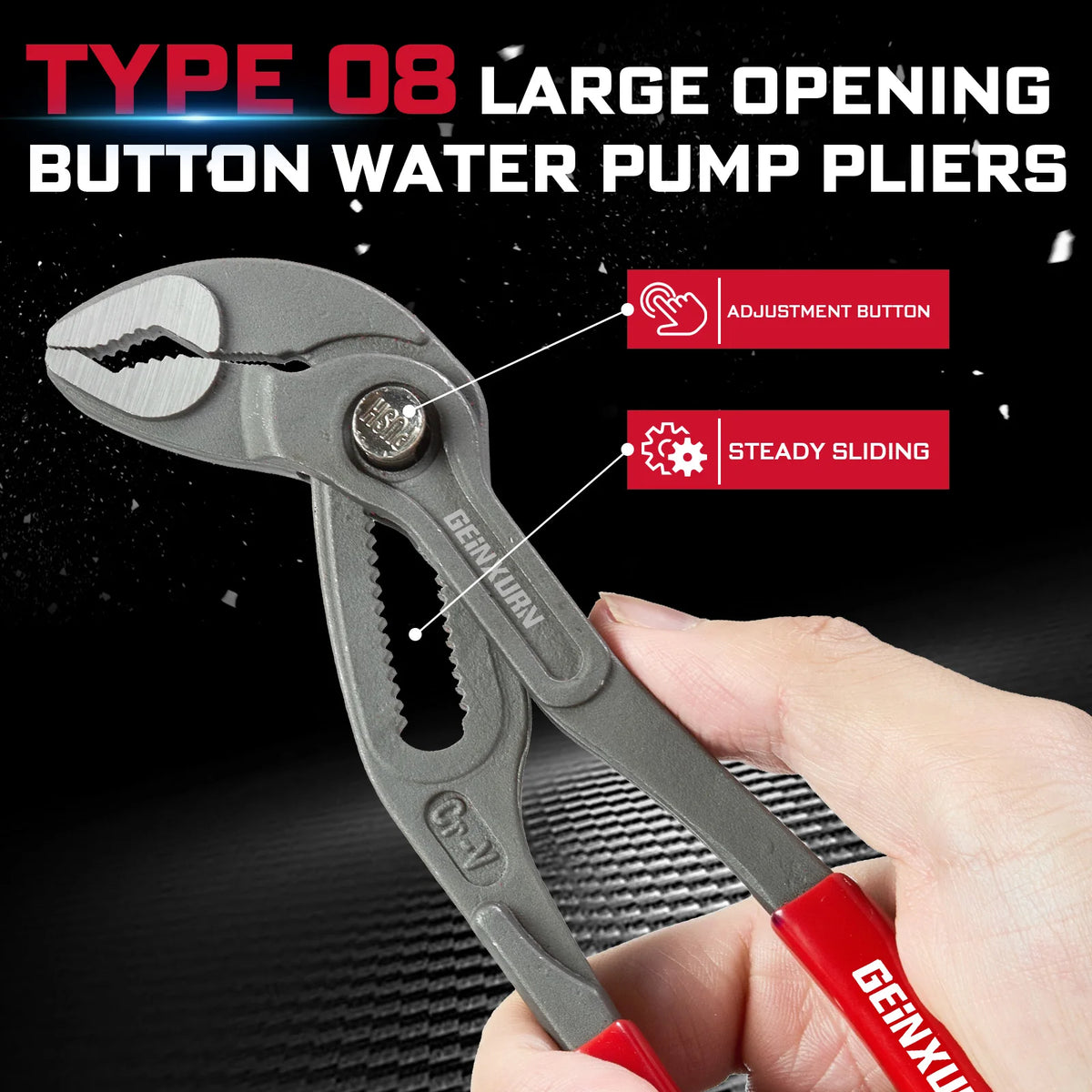 7' Groove Joint Pliers W/ Button Adjustment, 1.5' Max Capacity, CR-V Steel, Parallel Jaws for Plumbing