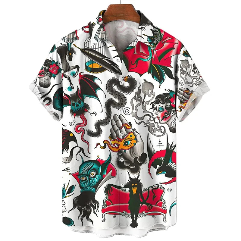 3D retro digital printed men's lapel short sleeved shirt