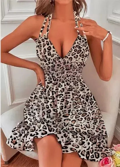 Women Summer Halter Deep V Neck Sundress Sexy Backless Ruffled Smocked Short Dress Waist Open Back Dress Mini Skater Dress 2024