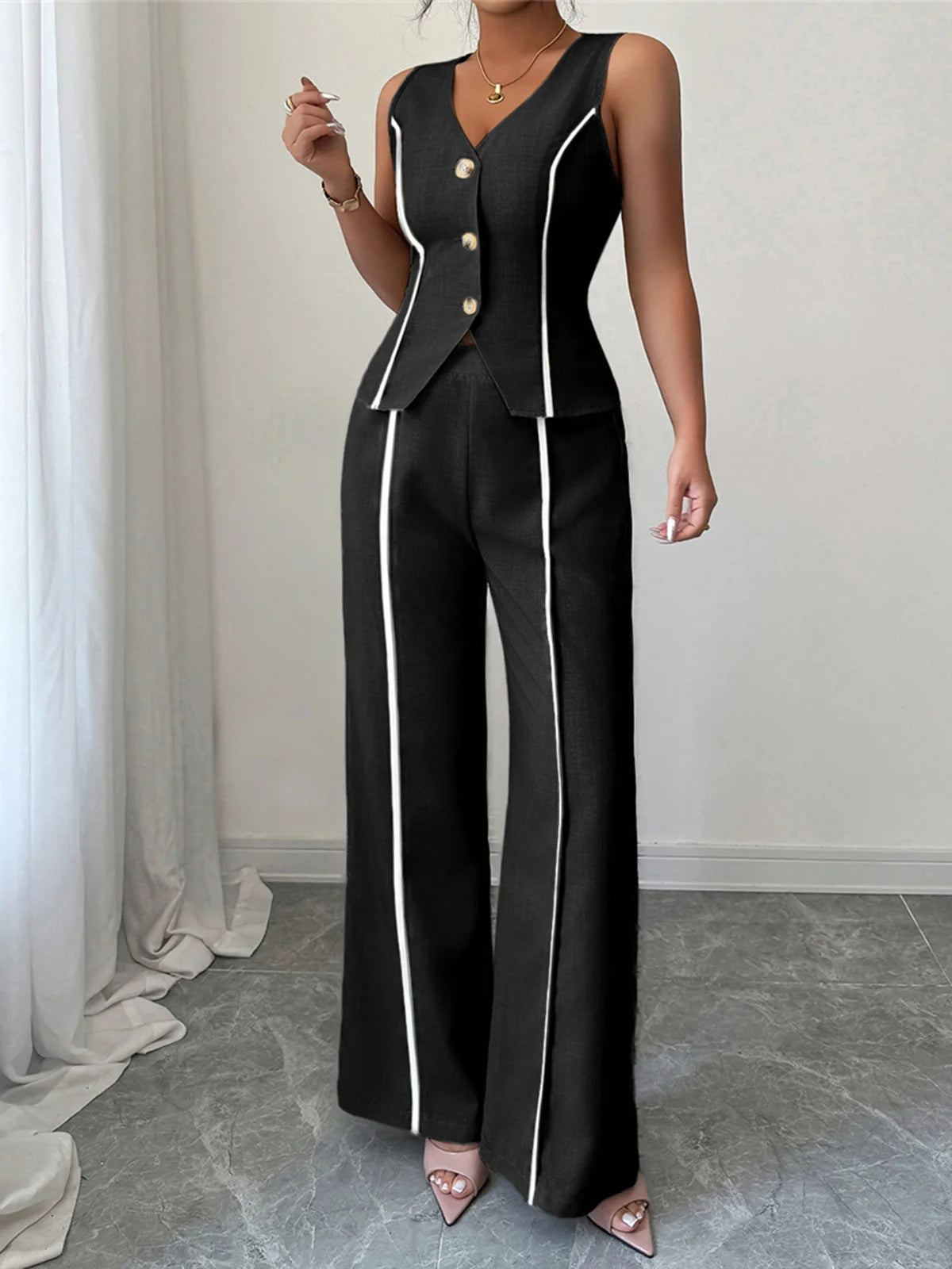 S - XL Sleeveless V Neck Vest Solid Women Suits 2 Pieces Sets Female Leisure Elegant Pants Formal Pantsuit Outfit For Women M127