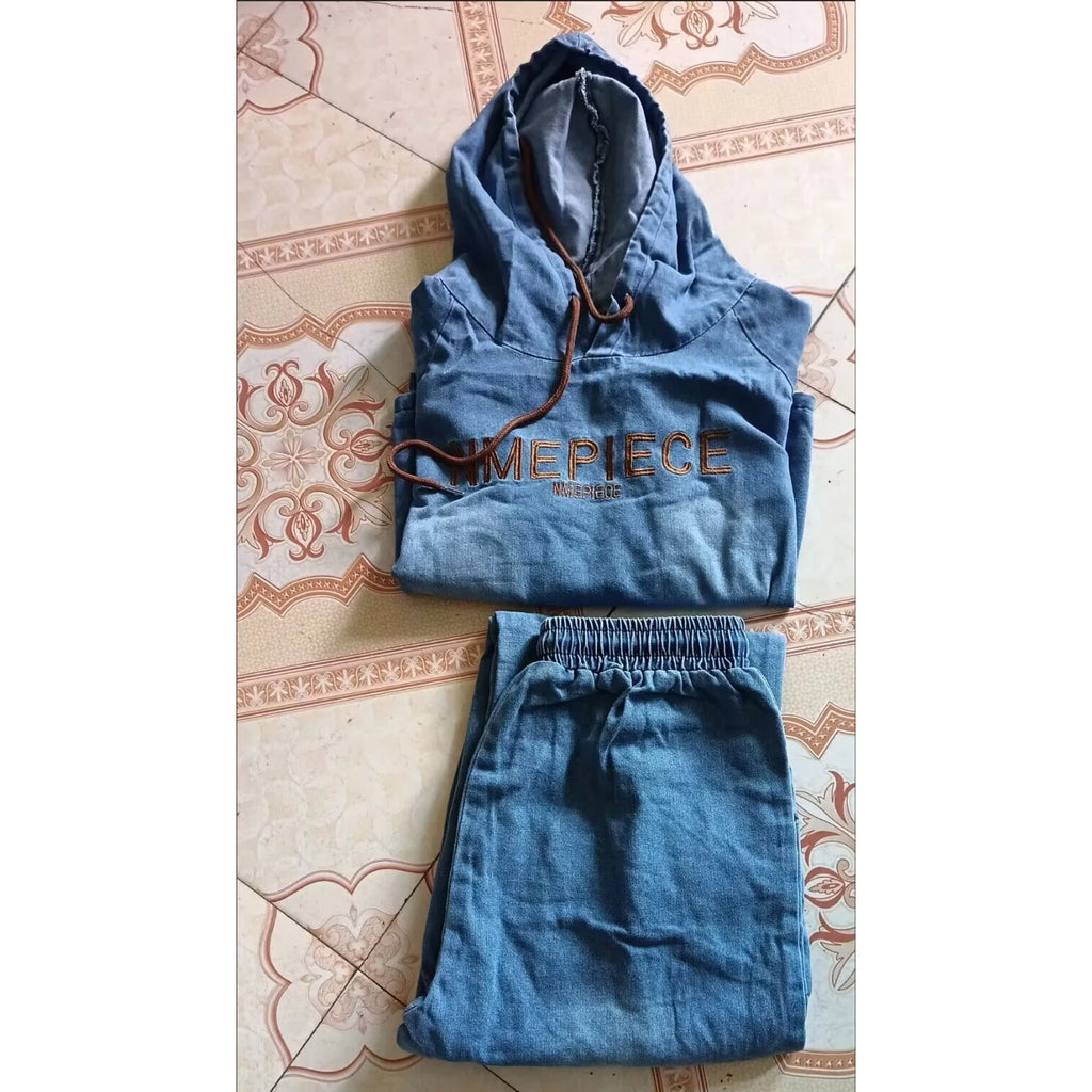 Summer Thin Jeans Set Women Fashion Short Sleeve Hooded Pullover Tops + Elastic Waist Wide Leg Pants 2PCS Female Denim Outfit