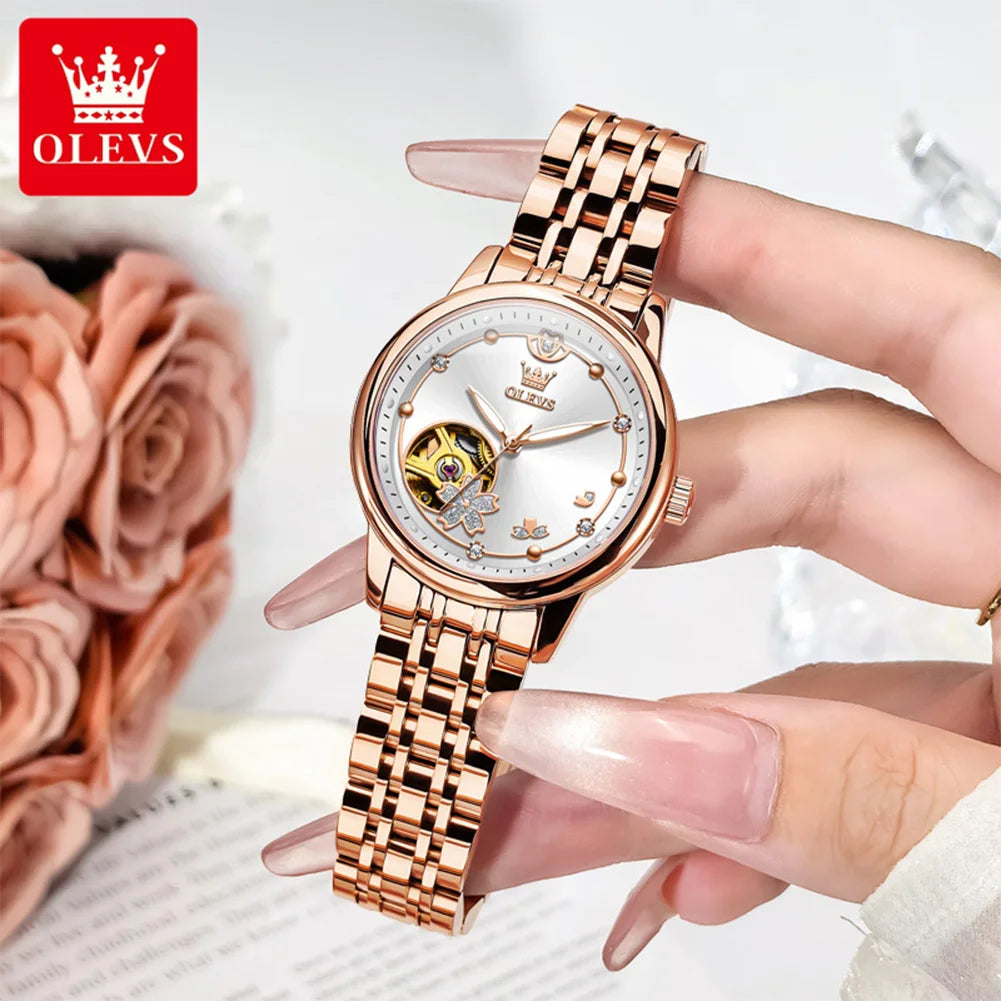 OLEVS 6732 Women's Watches Elegant Rose Gold Stainless Steel Hollowed Diamond Dial Automatic Mechancial Watch Gift Box for Women