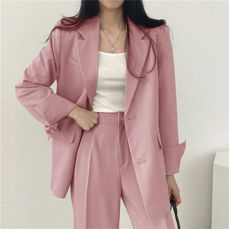 2026 Female Solid Color Blazer 2PCS Autumn Women Lapel Tops High Waist Outfit Korean Ladies Long Sleeves Suit Wide Leg Pants