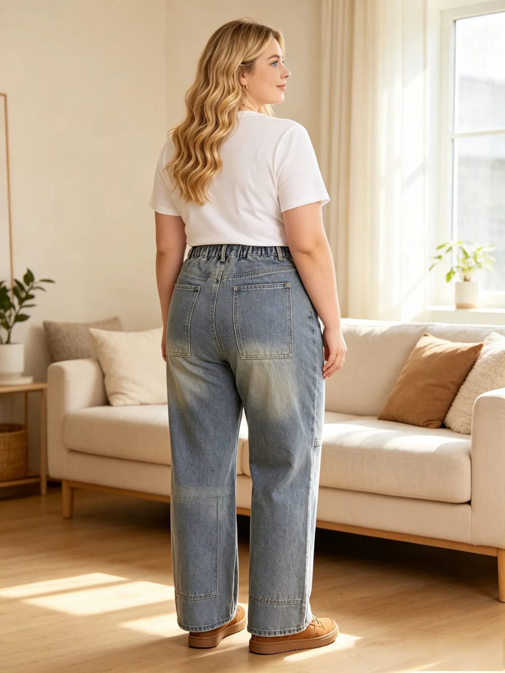 【HME】Jeans | Drawstring Elastic High Waist Denim Pants, Cargo Patch Pockets With Contrast Stitching Wide Leg Denim, Light Wash Vintage Fabric, Relaxed Fit Flattering Pants For Women Daily Commute & Streetwear