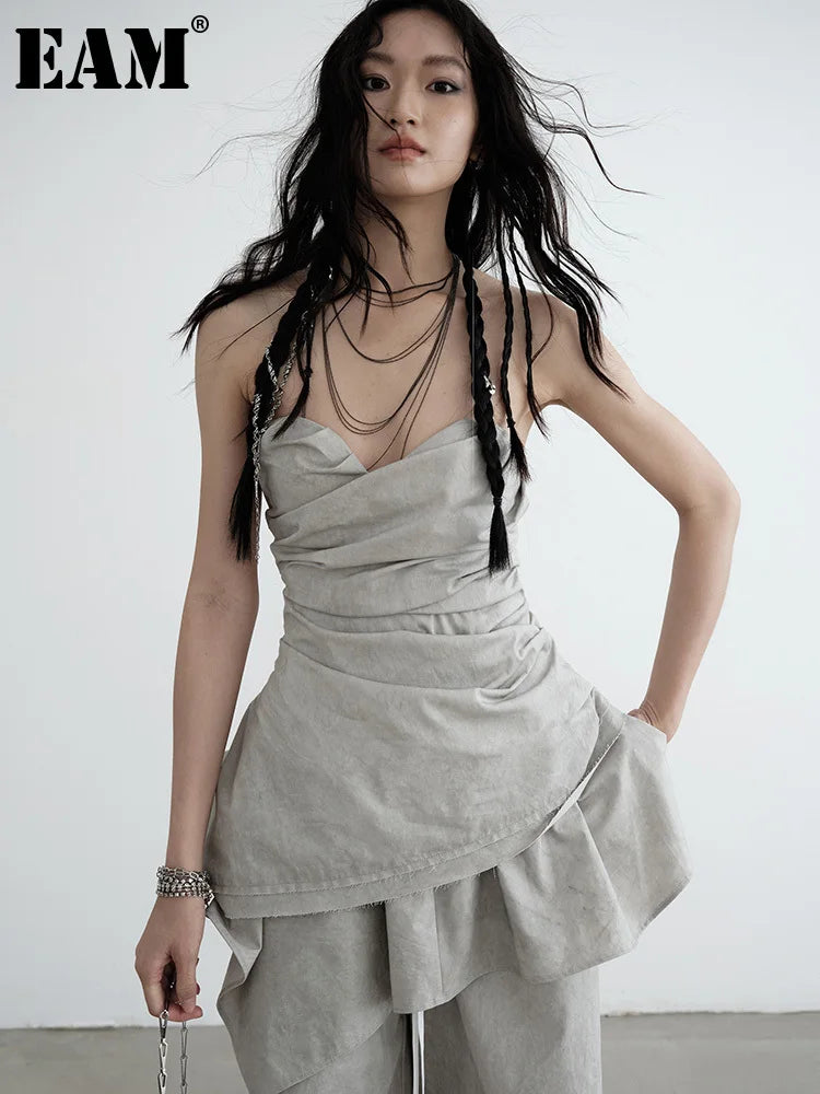 [EAM] Women Gray Pleated Irregular Hem Elegant Tank Tops New V-collar Sleeveless Personality Fashion Spring Summer 2026 1DH6256