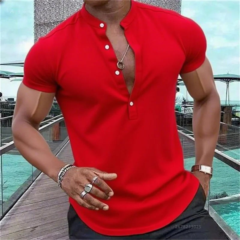 Men's Short-Sleeved Casual Shirt Hawaiian Style Shirt Solid Black Shirt Stand Collar Design Suitable for Beach Vacation XS-5XL
