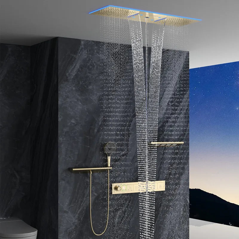 Multi-Function Concealed Shower System Single Ceramic Thermostatic Mixer Kit Massage Jets In-Wall Rainfall 6 Way Brass Brushed