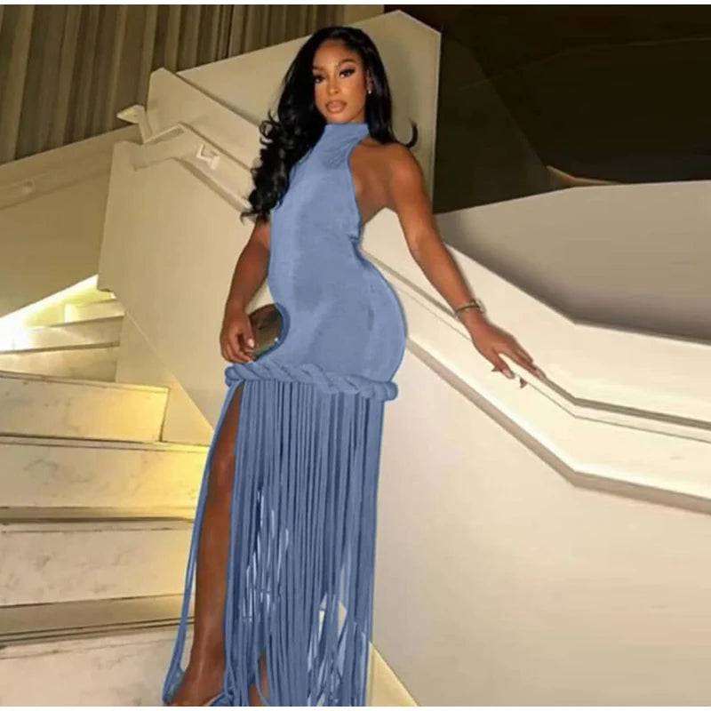 Women Solid Braided Trim Cutout Maxi Dress Sleeveless High Slit Bodycon Fit Gown 2026 Summer Elegant Evening Formal Party Outfit