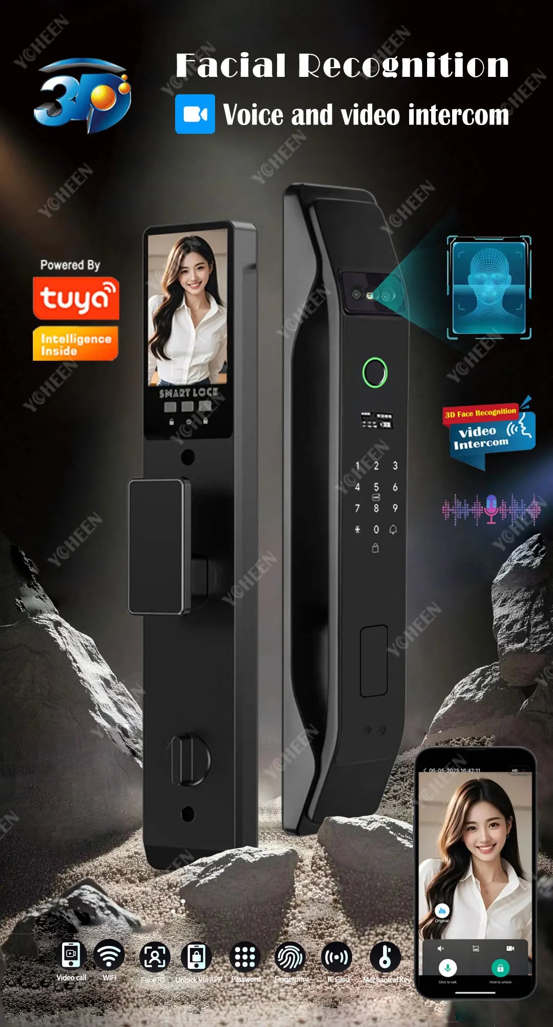 Tuya Wifi App Face Polyglot Electronic Door Lock Fingerprint Recognition Password Smart Digital Lock Key Card 6068 Mortise Lock