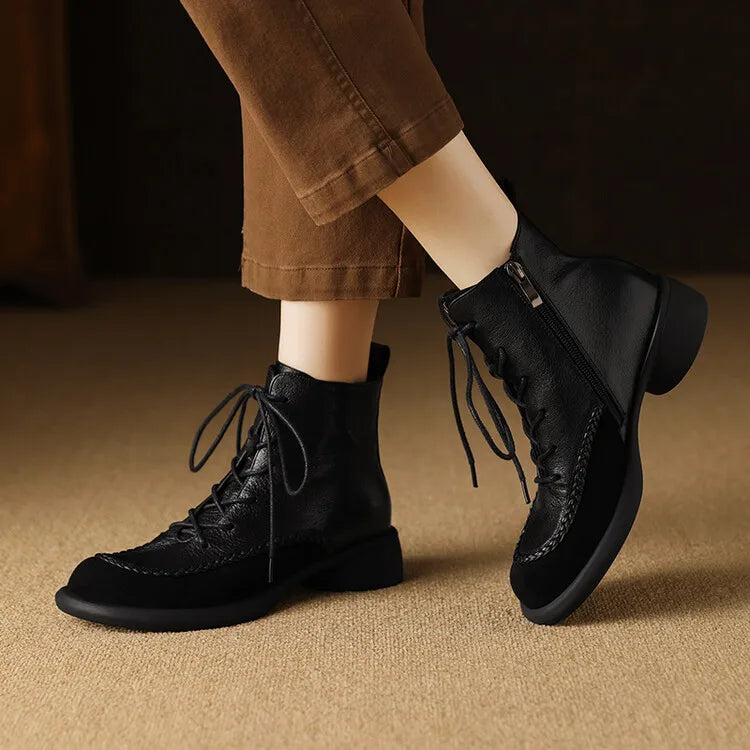 New Autumn Winter Genuine Leather Women Boots Fashion Lace Ankle Boot for Women Short Boots Shoes Chunky Heel Botines Mujer