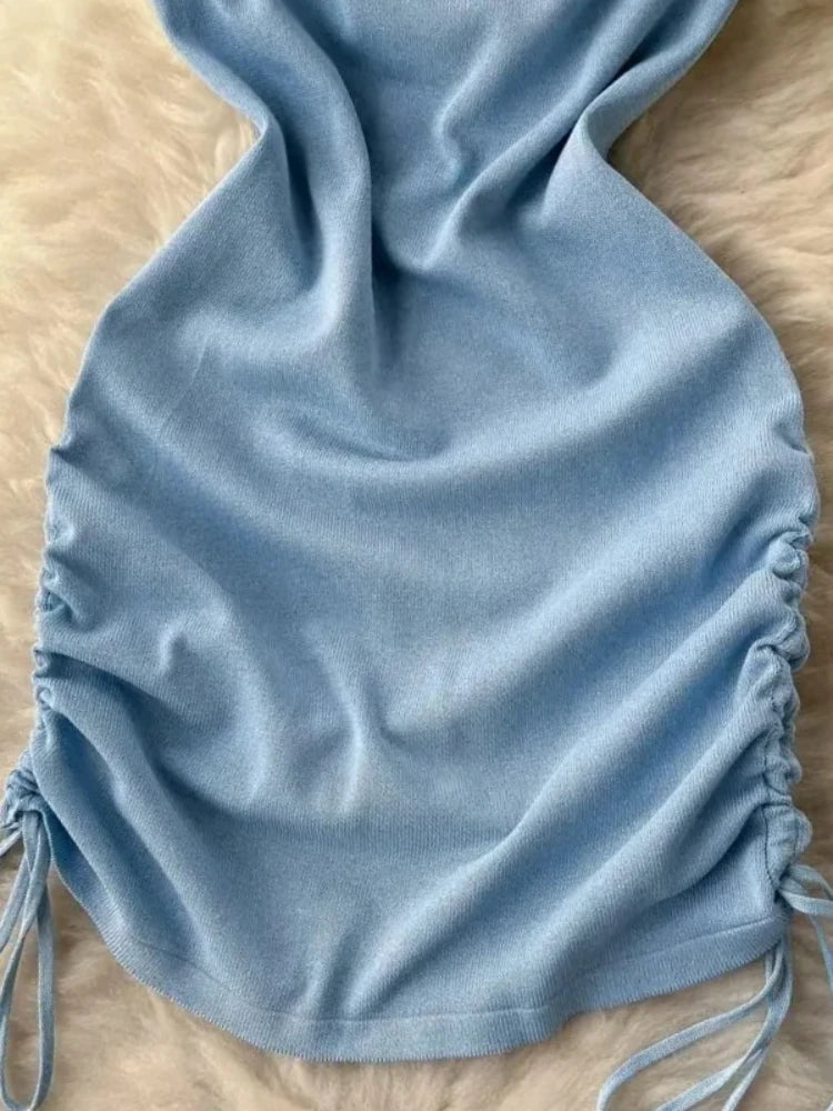 Women Sexy Sleeveless Off Shoulder Knit Dress Halter Backless Drawstring Pleated Elastic Bodycon Dress Summer Sundress Outfits