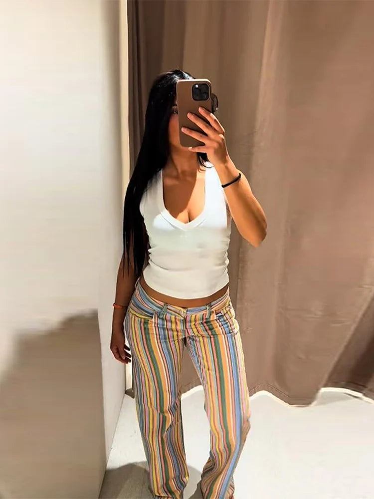 Women Striped Trousers Curved Knife Jeans  High Waist Contrasting Color Loose Versatile Casual Long Pants Women's Aladdin Pants