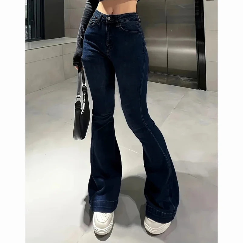 2025 Girls Concise Ins High Waist Flared Jeans Female Stretchy Bootcut Denim Pants Women Solid Color Thin Bell Bottoms Trousers