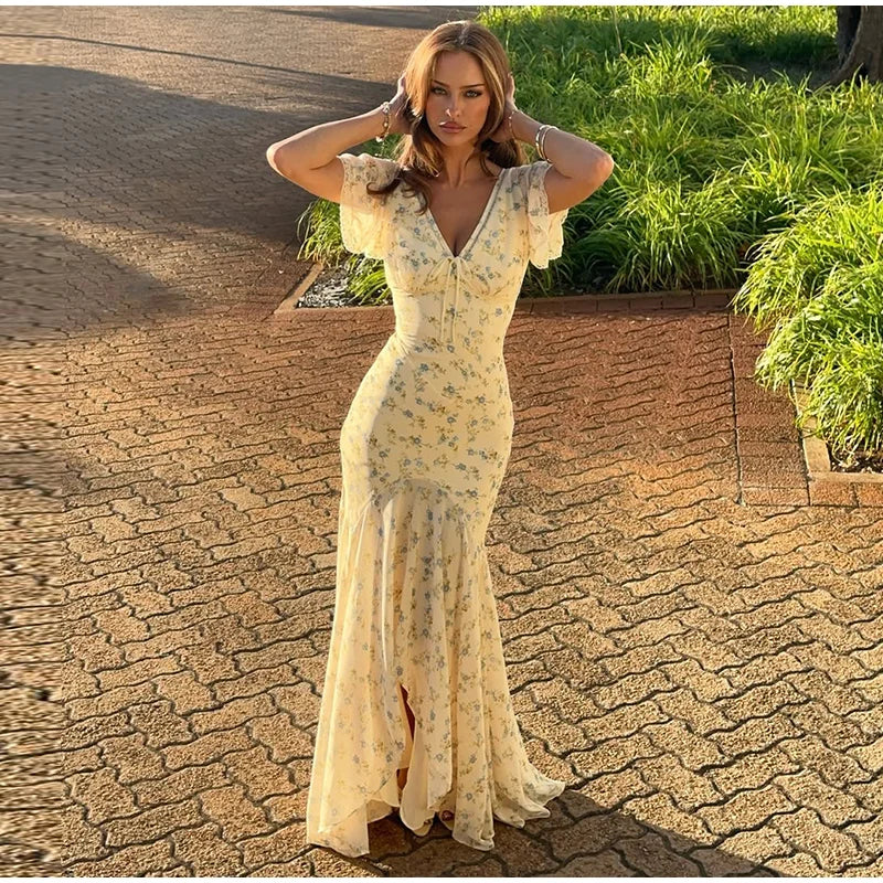 Elegant Sexy Print Fish Dress Women V Neck Short Sleeves High Waist Ruffles Split Vestidos Female 2026 Summer New Chic Dresses