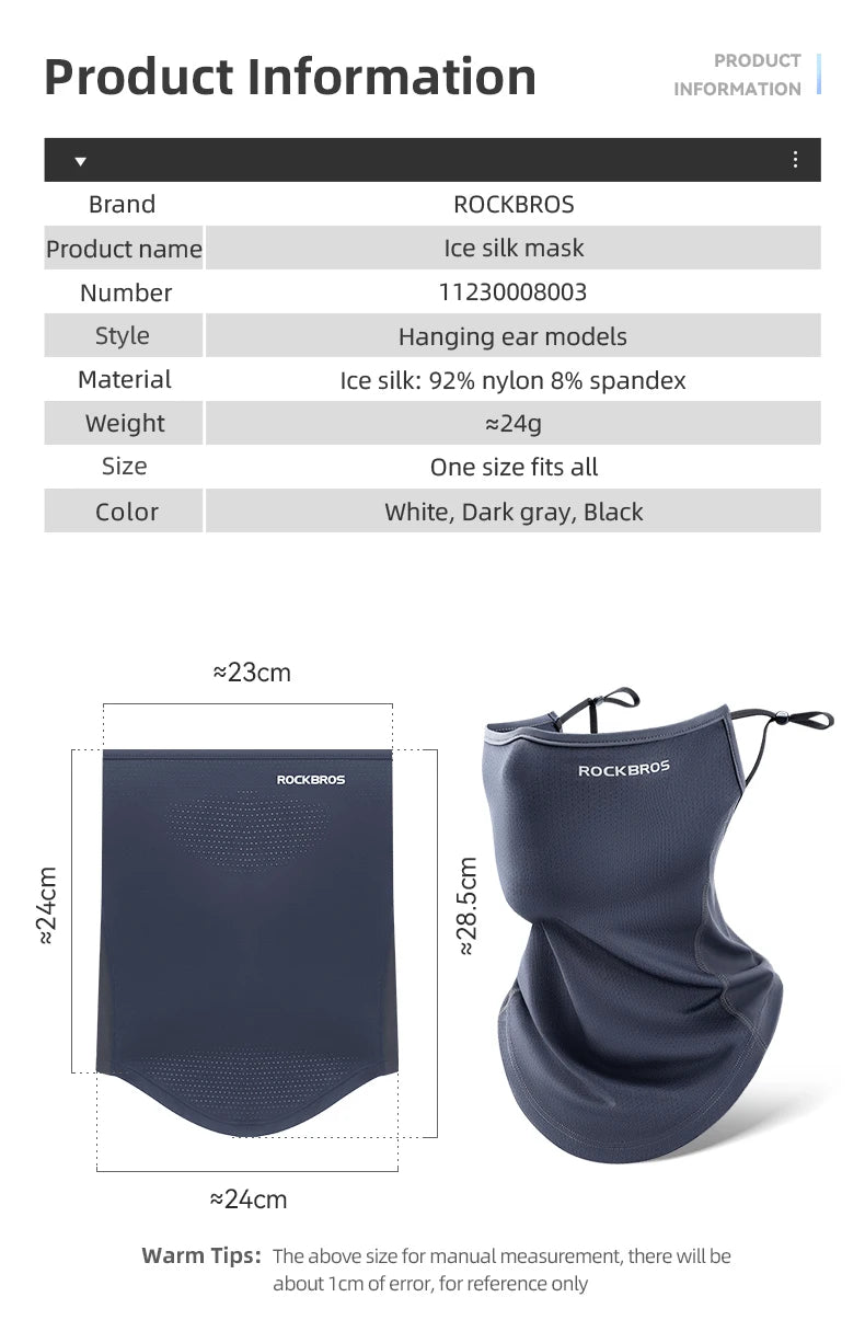 ROCKBROS Summer Ice Silk Cycling Face Mask Breathable Anti-UV  Bike Face Neck Cover Bandana MTB Road Sports Hanging Ear Scarf
