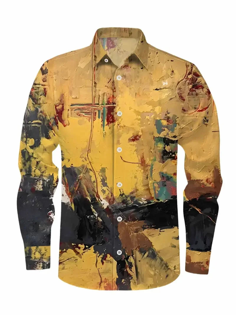 New men's 3D reindeer print shirt men's long sleeved shirt casual button loose top ethnic retro collar shirt
