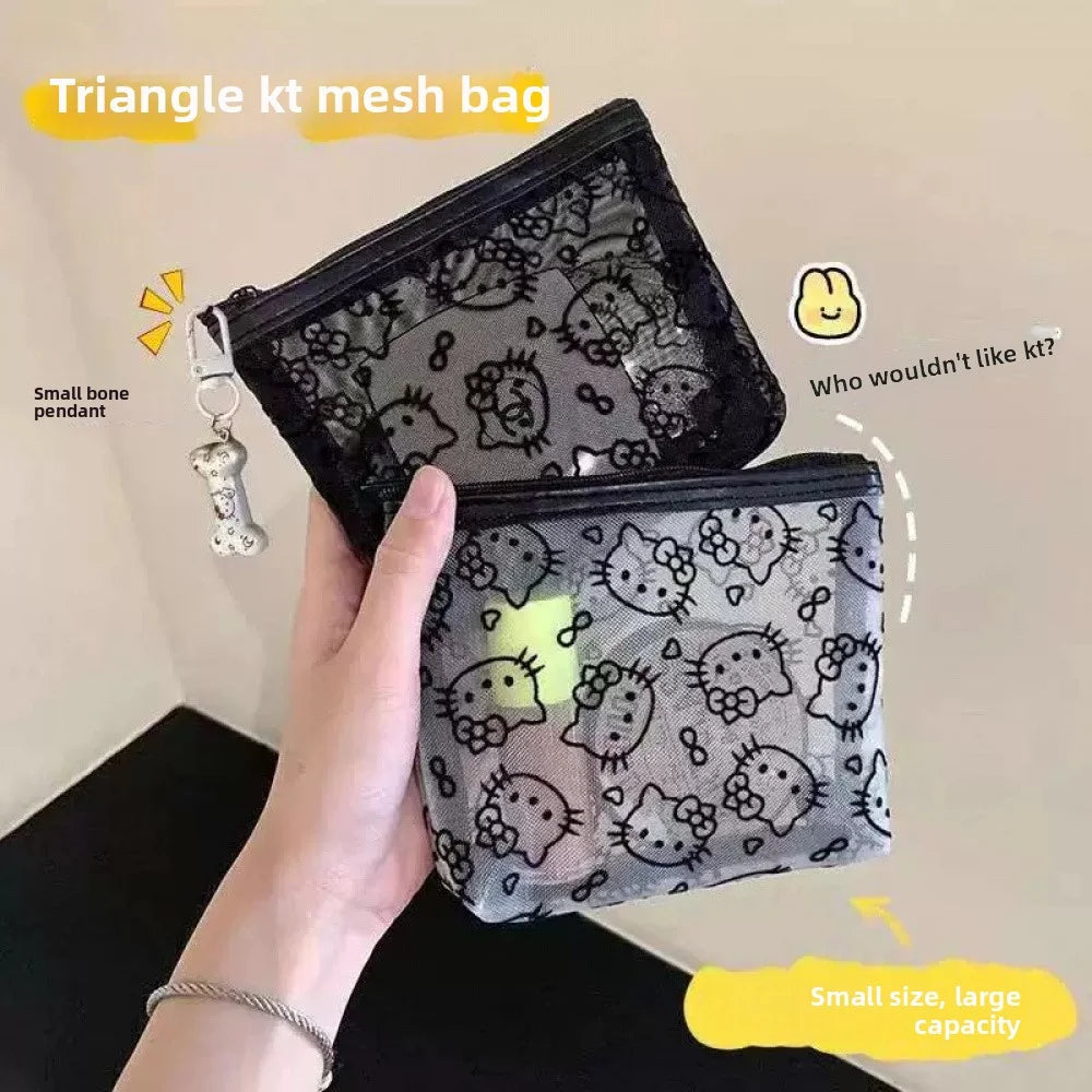 Simple touch-up bag kitty storage bag, large capacity, portable, black mesh hand makeup bag, cute and dirt-resistant