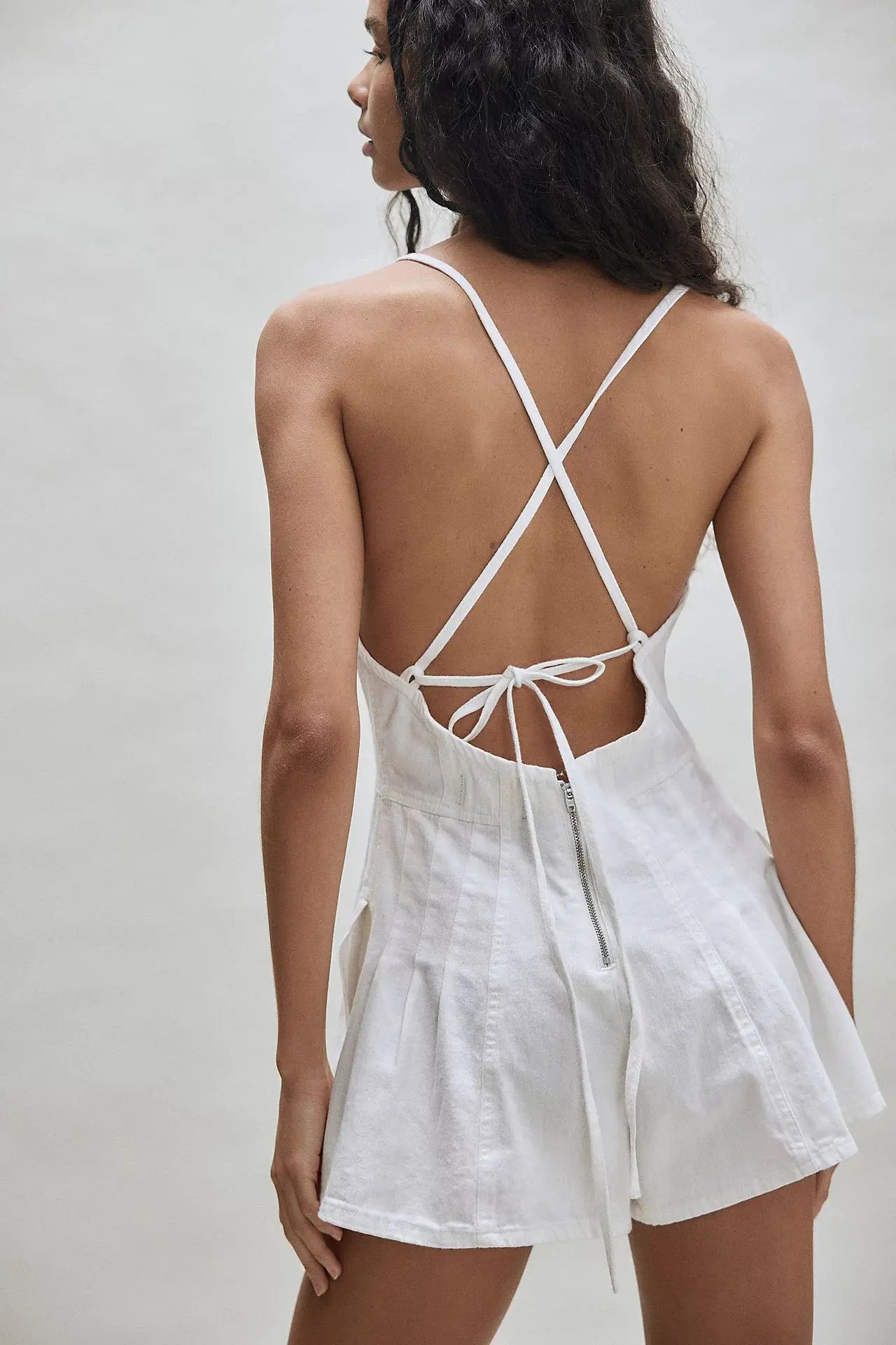 Summer Multi Colors Denim Playsuit Women Camisole Backless Lace-Up Loose Wide Legs Shorts Rompers Jumpsuit Jeans Sleeveless 6502