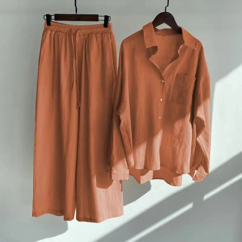 Women's 2-piece set 2026 Spring Autumn New Long sleeved Cotton linen Shirt top+High waisted loose Pants Comfortable Casual Sets
