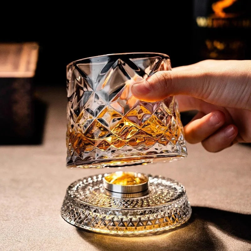Rotating Whisky Glasses with Glass Base 360 Rotate Degrees Crystal Rum Glass for Cocktail Party Drinking