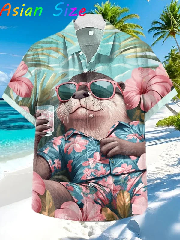 Funny Animal Cat Hawaiian Shirts Men Women Sunglass Raccoon Shirt New Button Down Tropical Beach Party 2026 Blouses Aloha Shirt