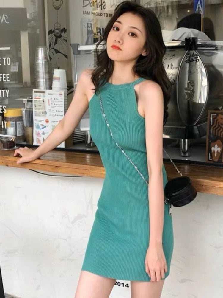 Summer New Style Hong Kong Flavor Slimming Sexy Girl Neck Hanging Bodycon Dress Shoulder Exposure Knitted Strap Dress Women