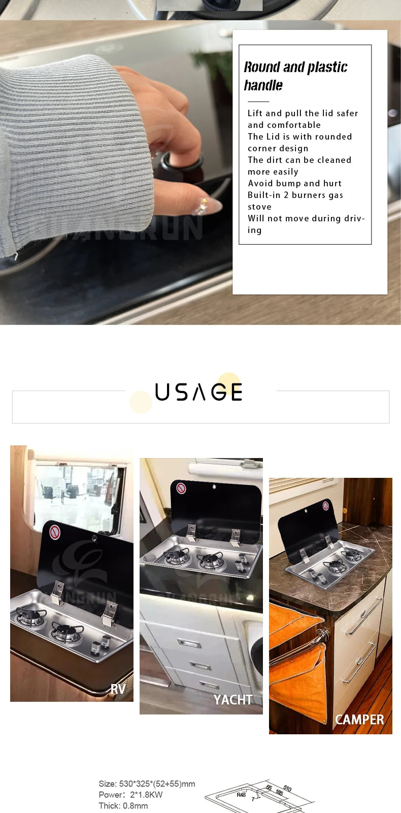 High Quality Two-Burner Gas Stove For Indoor Use Safe Tempered Glass Lid For RV Motorhome Caravan Boat